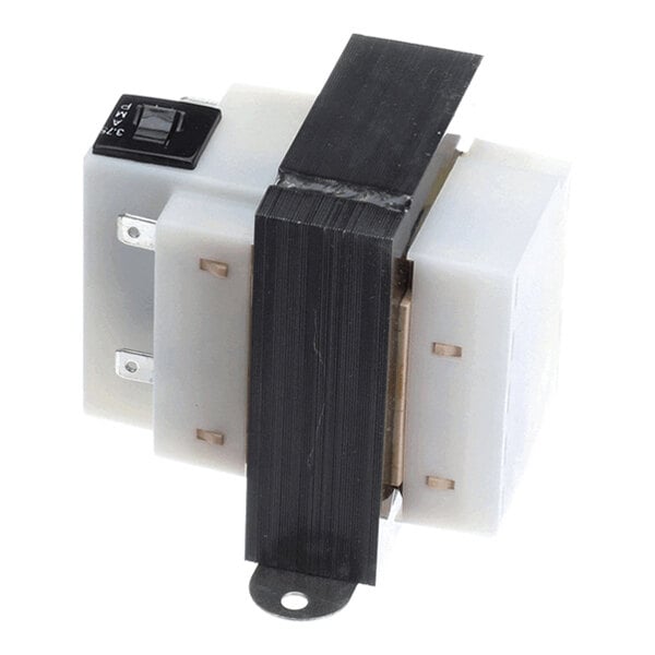 A rectangular electrical transformer with a black metal core, white plastic housing, and several metal terminals for connections.