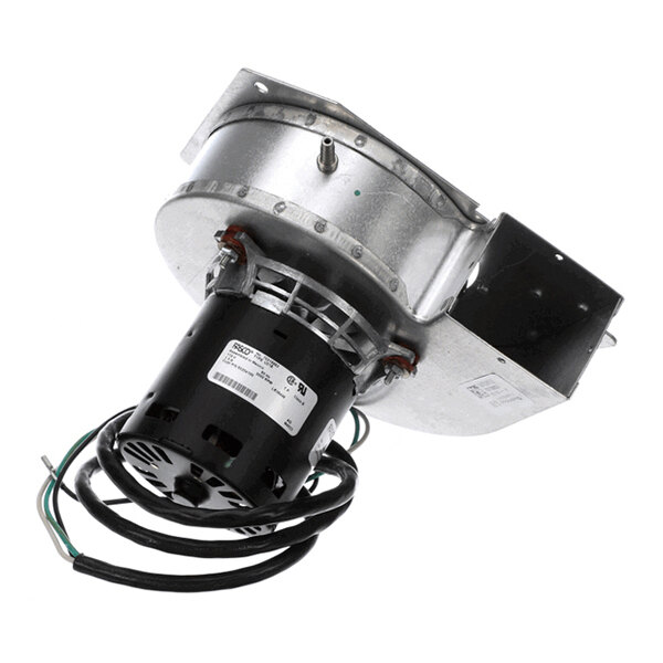 A metal and black cylindrical fan assembly with attached wiring and mounting bracket.