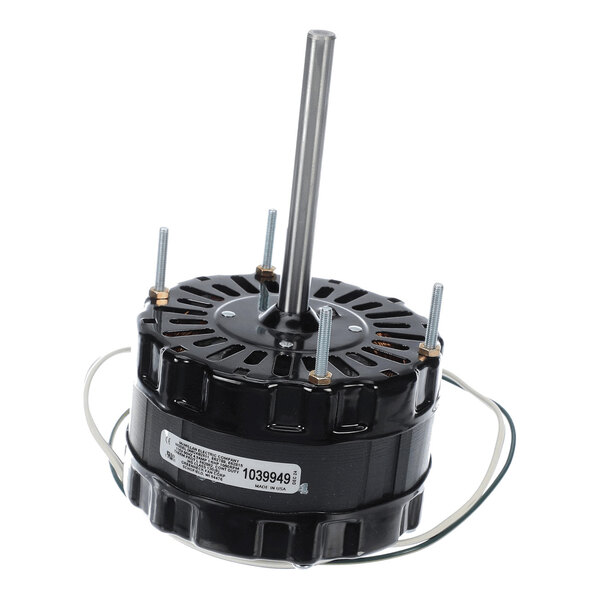A black cylindrical electric motor with a central shaft, four mounting bolts, and attached wires.
