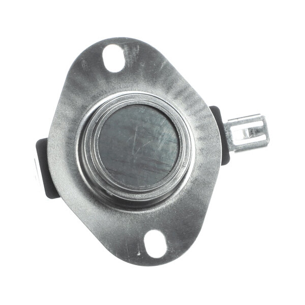 A metallic component with a circular center, two mounting holes, and an electrical terminal on the side.