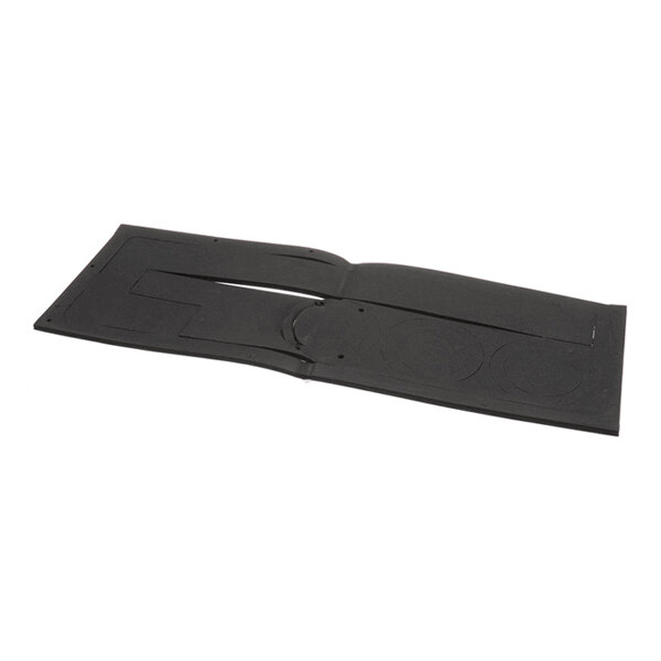 A flat, black, rectangular rubber-like gasket with cut-out shapes and circular patterns visible on its surface.