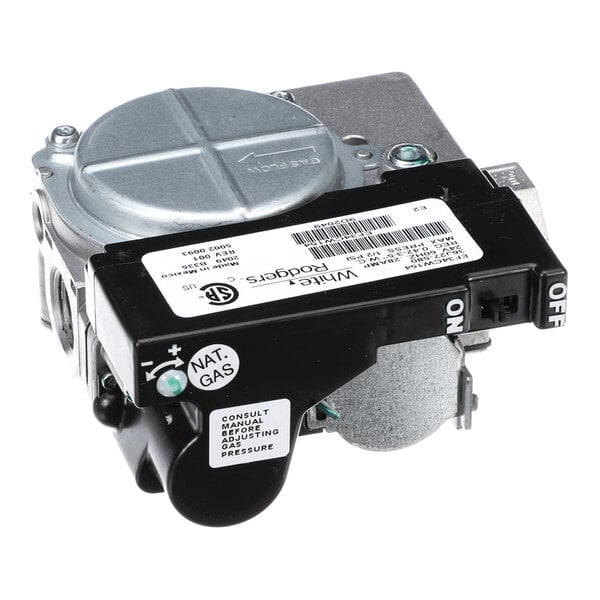 A metal and plastic gas valve assembly with labeled controls and a barcode sticker.