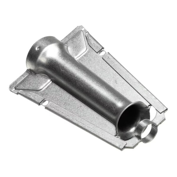 A metallic, tubular component with a flared end and mounting plate, likely used in a mechanical or heating system.