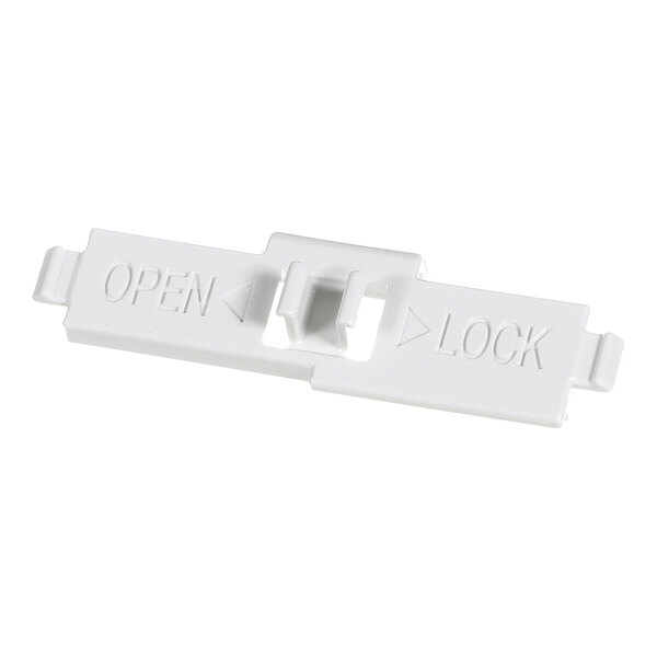 A white plastic slider with the words 'OPEN' and 'LOCK' embossed on it, featuring arrows and a central latch mechanism.