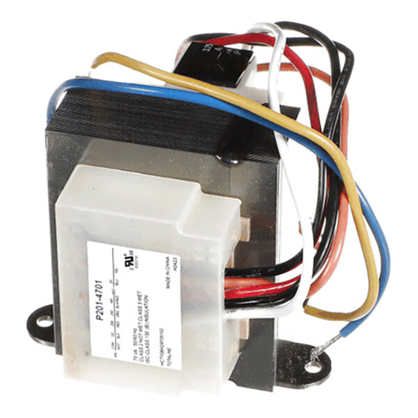 A metal and plastic electrical transformer with multiple colored wires attached.