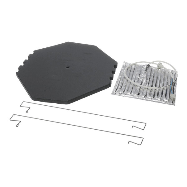 An image showing a black octagonal foam pad, a metallic component with tubing, and two metal rods laid out on a white background.