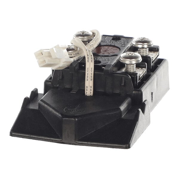 A black plastic and metal electrical component with two large screws, a white connector, and attached wires.