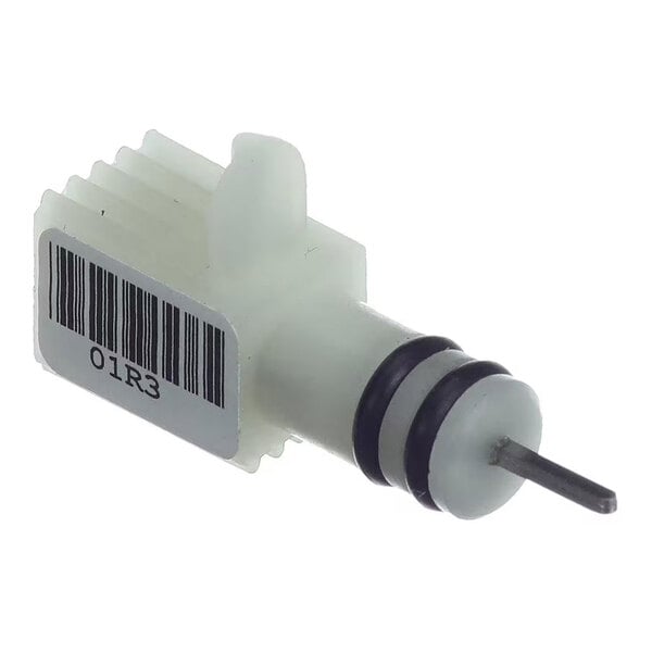 A small plastic component with a barcode label, two black O-rings, and a metal pin extending from one end.