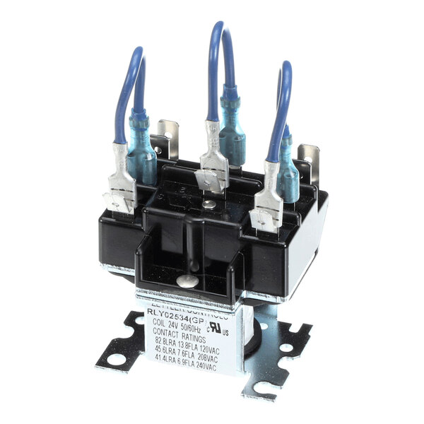 A black electrical relay with four blue wires connected to metal terminals, mounted on a metal base with a label showing technical specifications.