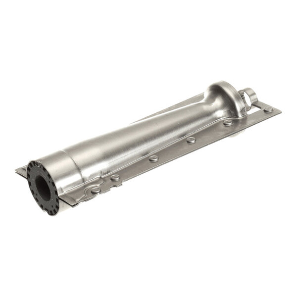 A metallic cylindrical component with a flanged end and mounting plate, featuring a series of bolts along its length.