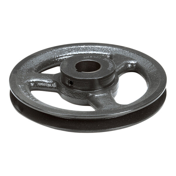 A round, dark gray cast iron pulley with three spokes and a central bore, shown against a white background.
