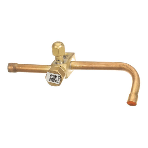 A brass valve with a central hexagonal body, capped top, and two copper pipes extending horizontally, one of which is bent at a right angle.