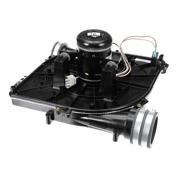 A black mechanical assembly with a central motor, wiring, and two cylindrical duct connections.