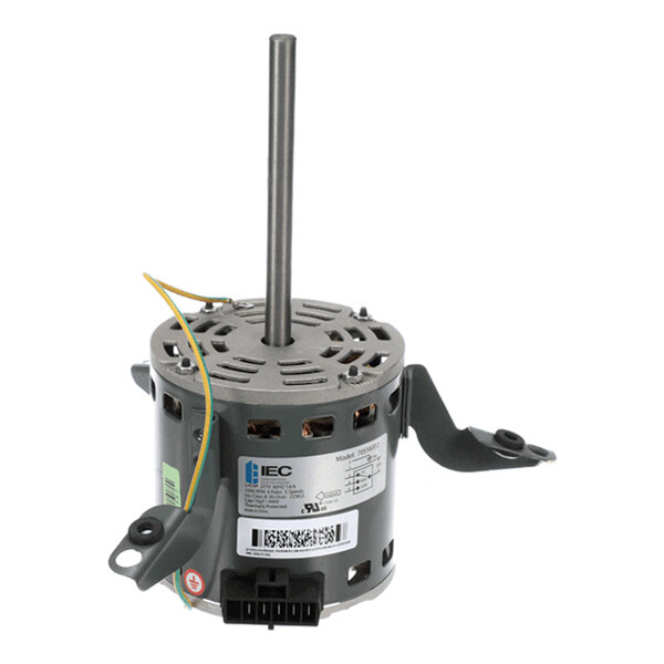 A cylindrical electric motor with a central shaft, mounting brackets, and attached wires, featuring a label with technical information.