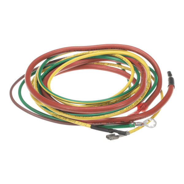A coiled bundle of red, yellow, and green electrical wires with metal connectors on the ends.