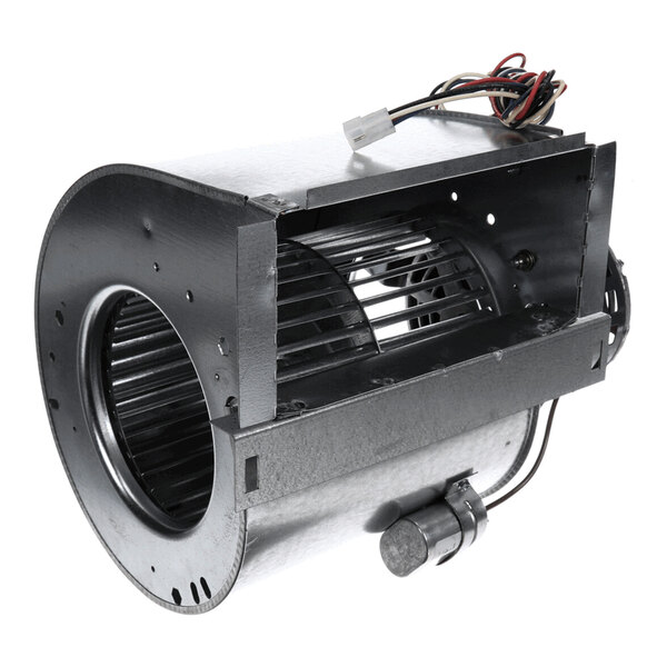 A metal cylindrical blower wheel assembly with an attached motor and electrical wiring visible.