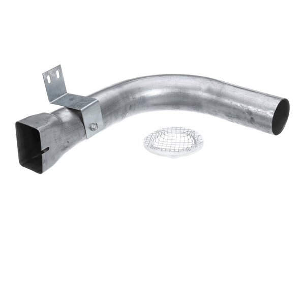 A curved metal pipe with a mounting bracket and a separate wire mesh screen, likely used for ventilation or exhaust purposes.