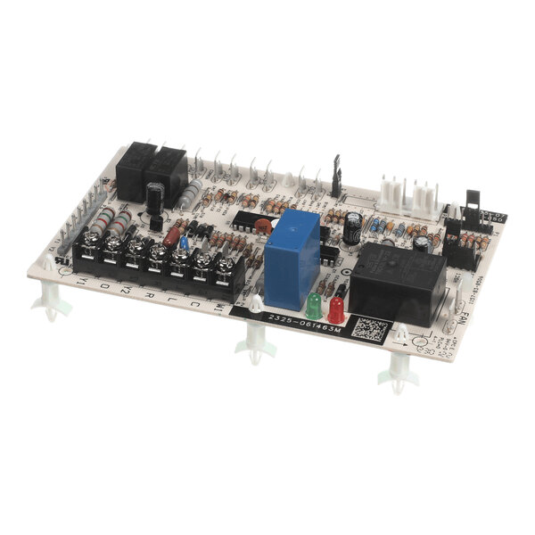 An electronic circuit board with various components including relays, resistors, capacitors, and connectors mounted on it.