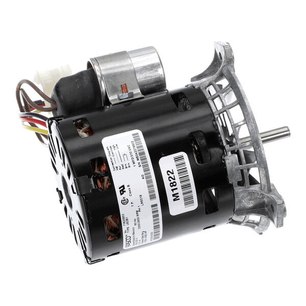 A cylindrical electric motor with attached wiring, a metal mounting bracket, and visible product labels.