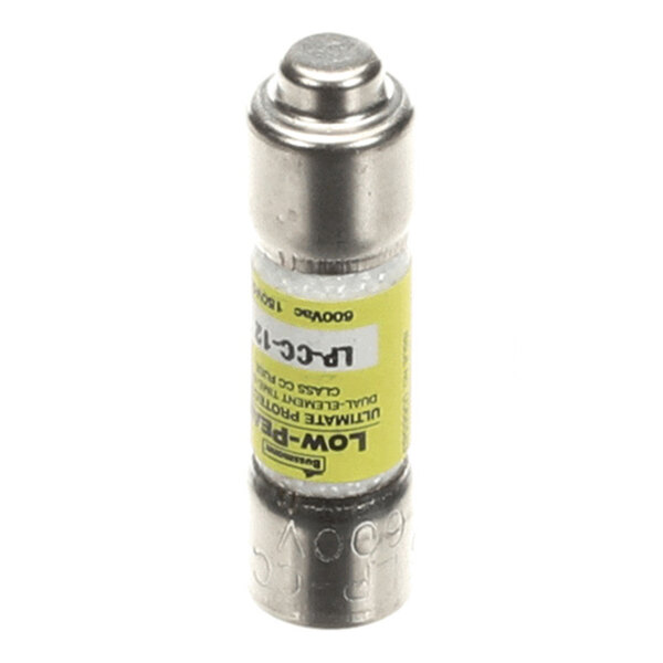 A cylindrical metal fuse with a yellow label and metallic end caps.