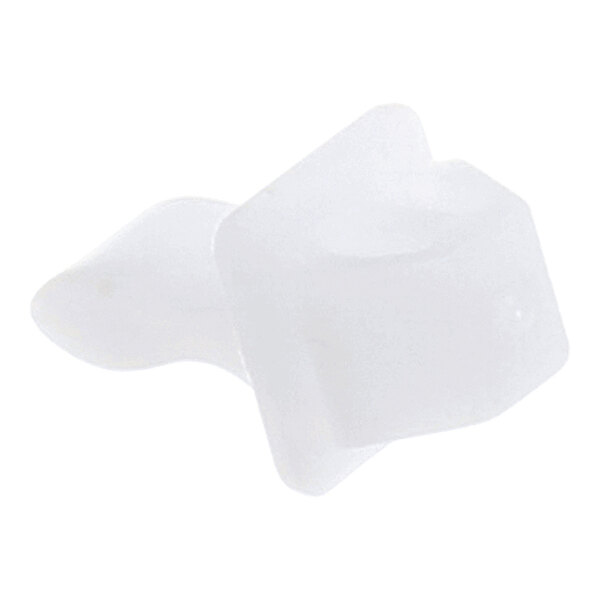 A translucent, irregularly shaped plastic fastener with a flat square base and a protruding section.