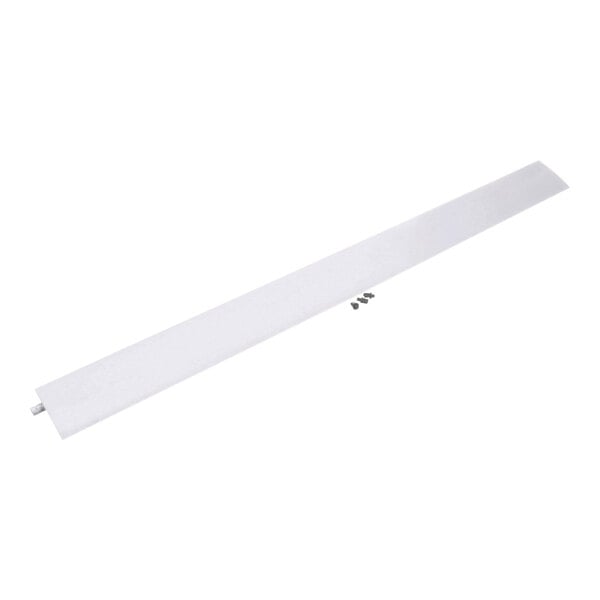 A long, narrow, white metal or plastic strip with a small set of screws placed beside it.