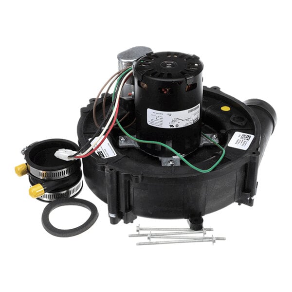 A black motor assembly with attached wires, hose clamps, gaskets, and mounting screws, likely part of an HVAC or furnace system.