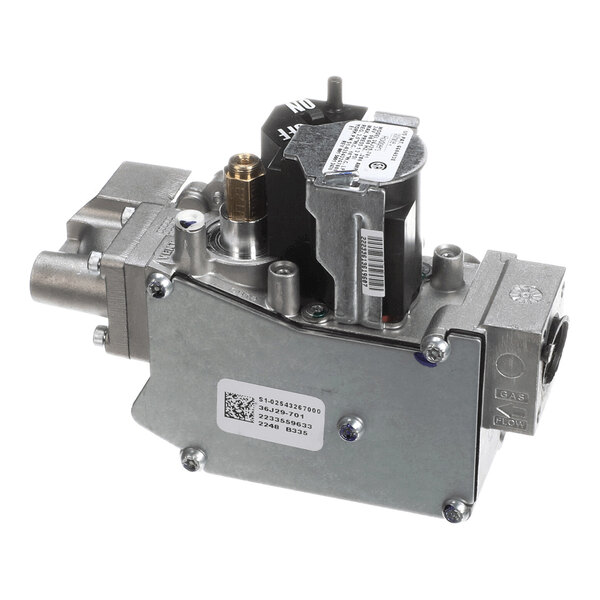 A metallic mechanical valve assembly with a black control knob labeled 'ON' and 'OFF,' various ports, and a barcode label on the side.