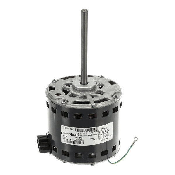 A cylindrical electric motor with a central shaft, ventilation openings, and a label with technical specifications attached to the side.
