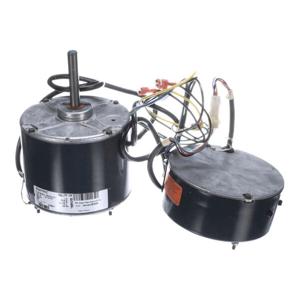 Two cylindrical electric motors with attached wires and connectors, one featuring a protruding shaft.