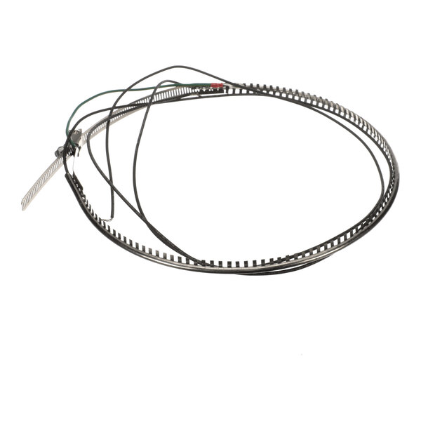 A coiled black wire with attached connectors and a strip of evenly spaced metal tabs.