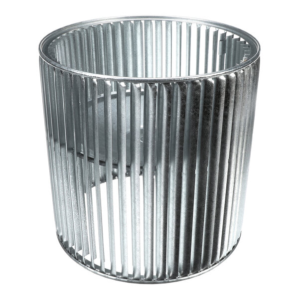 A cylindrical metal component with evenly spaced vertical fins and an open center, resembling a blower wheel or fan wheel.