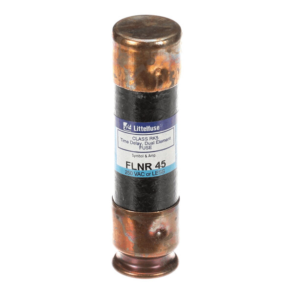 A cylindrical fuse with metallic ends and a labeled body indicating it is a Littelfuse FLNR 45, rated for 250 VAC or less.