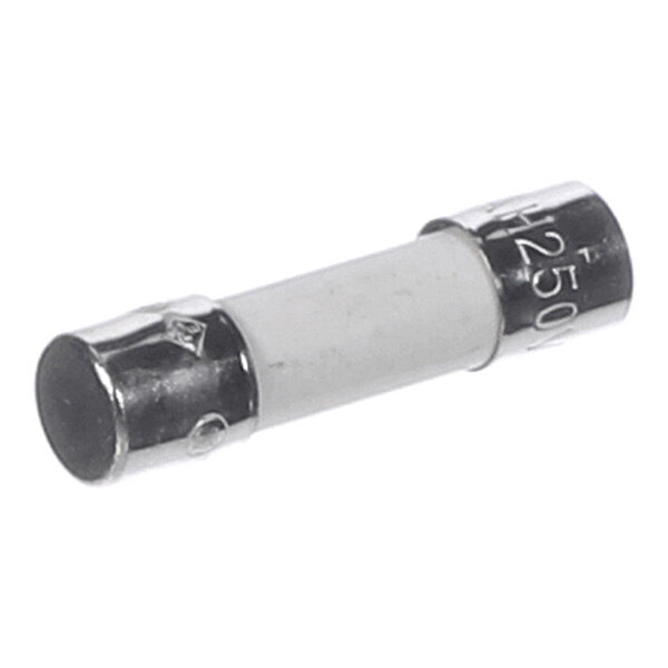 A cylindrical fuse with metallic end caps and a white ceramic body.