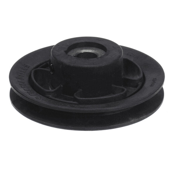 A black, circular pulley with a central hole and grooved outer edge, viewed from an angle.