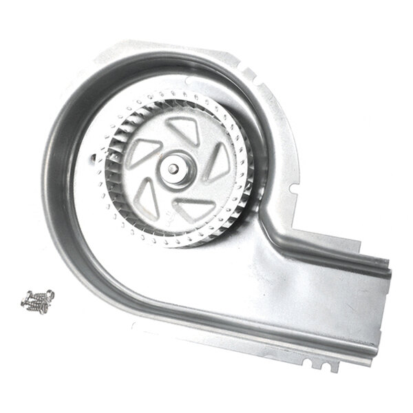 A metal blower wheel assembly with a circular fan and a curved housing, accompanied by a few small screws.
