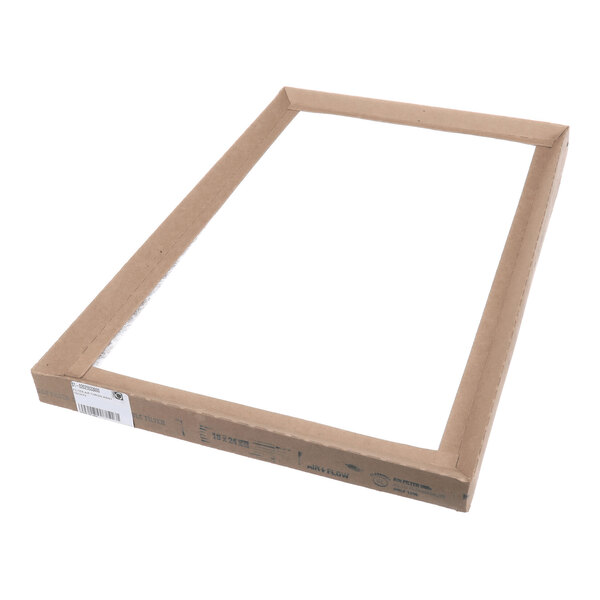 A rectangular cardboard-framed air filter with a white filtering surface, labeled on the side.