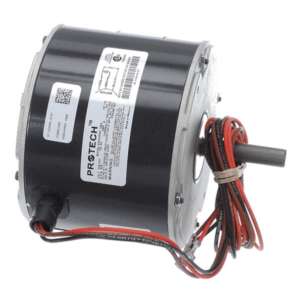 A cylindrical electric motor with a black housing, attached wires, and a protruding metal shaft.