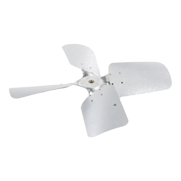 A metallic three-blade fan component with a central mounting hub, shown against a white background.