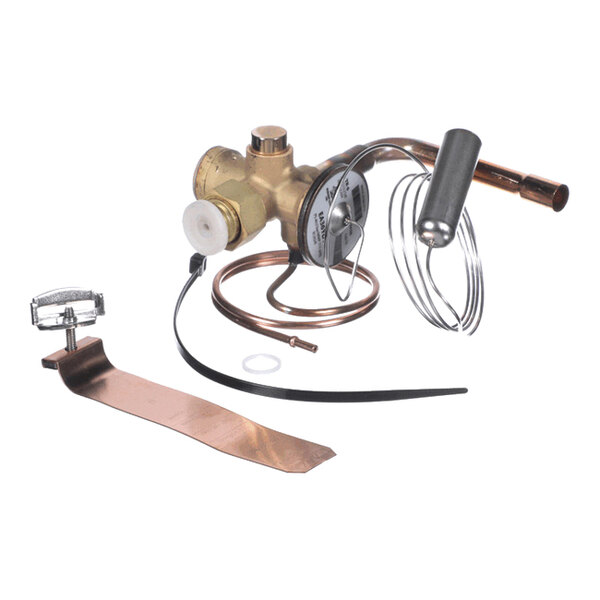A brass valve assembly with attached copper tubing, a coiled sensor bulb, and several metal and plastic mounting accessories.