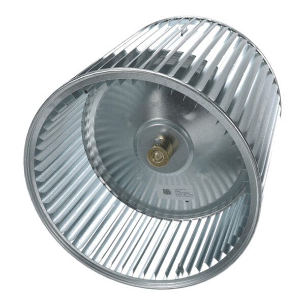 A cylindrical metal blower wheel with evenly spaced blades and a central hub.