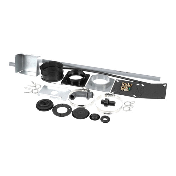 A collection of various metal and plastic hardware components, including brackets, rings, gaskets, screws, and fittings, arranged on a white background.