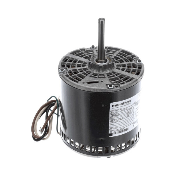 A cylindrical electric motor with a central shaft, ventilation openings at the base, attached wires, and a label on the side.