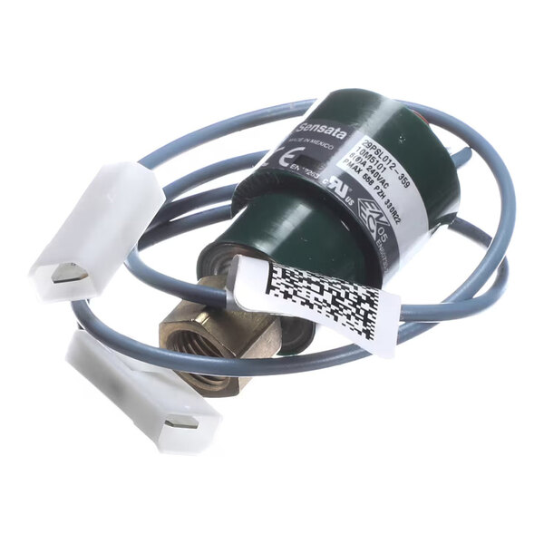 A cylindrical electronic component with attached blue wires and white connectors, featuring a label with text and a barcode.