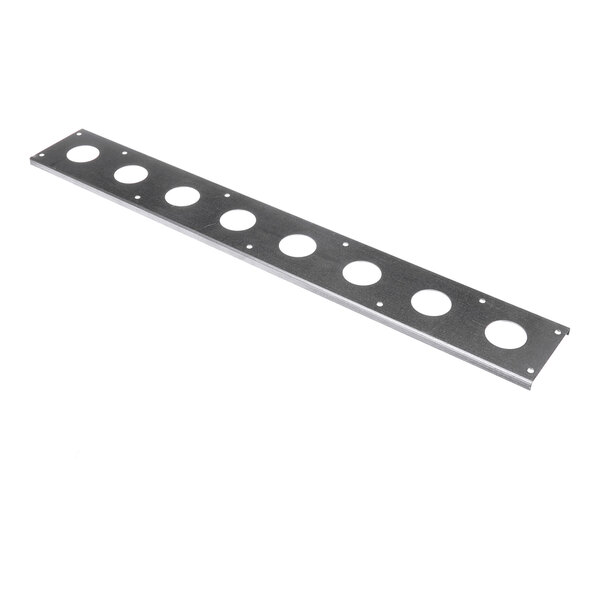 A long, flat metal plate with a series of evenly spaced large circular holes and smaller holes along its length.