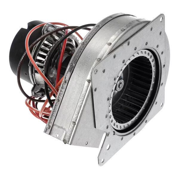 A metal and plastic blower motor assembly with visible wiring and a circular fan housing.