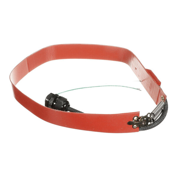 A red flexible band with a black electrical connector and metal components, likely designed to wrap around a cylindrical object.