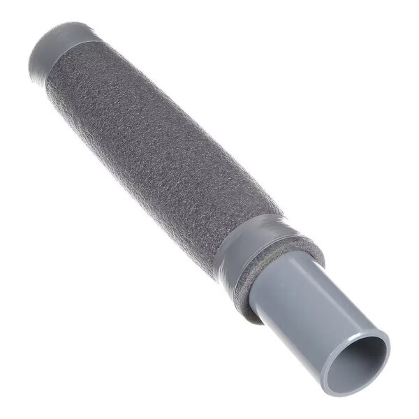 A cylindrical gray hose with a textured surface and smooth plastic ends.