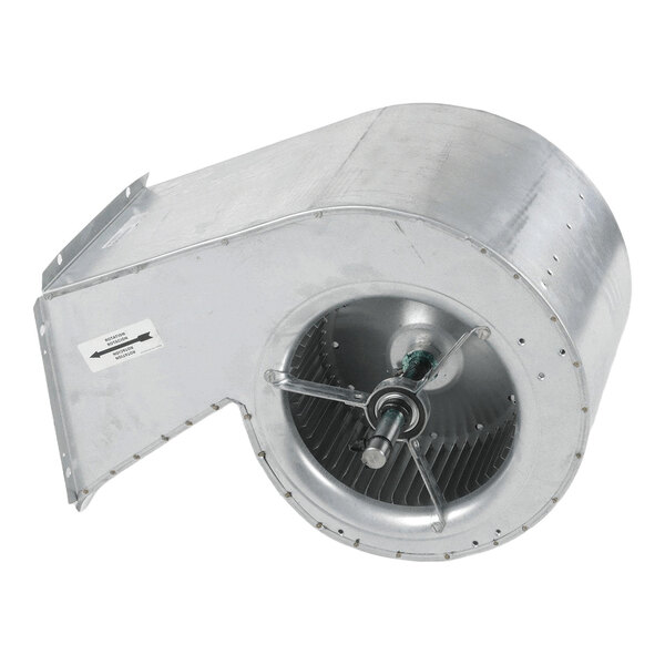 A metal blower housing with an integrated fan wheel and central shaft, designed for belt drive operation.
