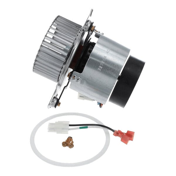 A metal and plastic motor assembly with a fan wheel, accompanied by a wiring harness, screws, and a gasket.